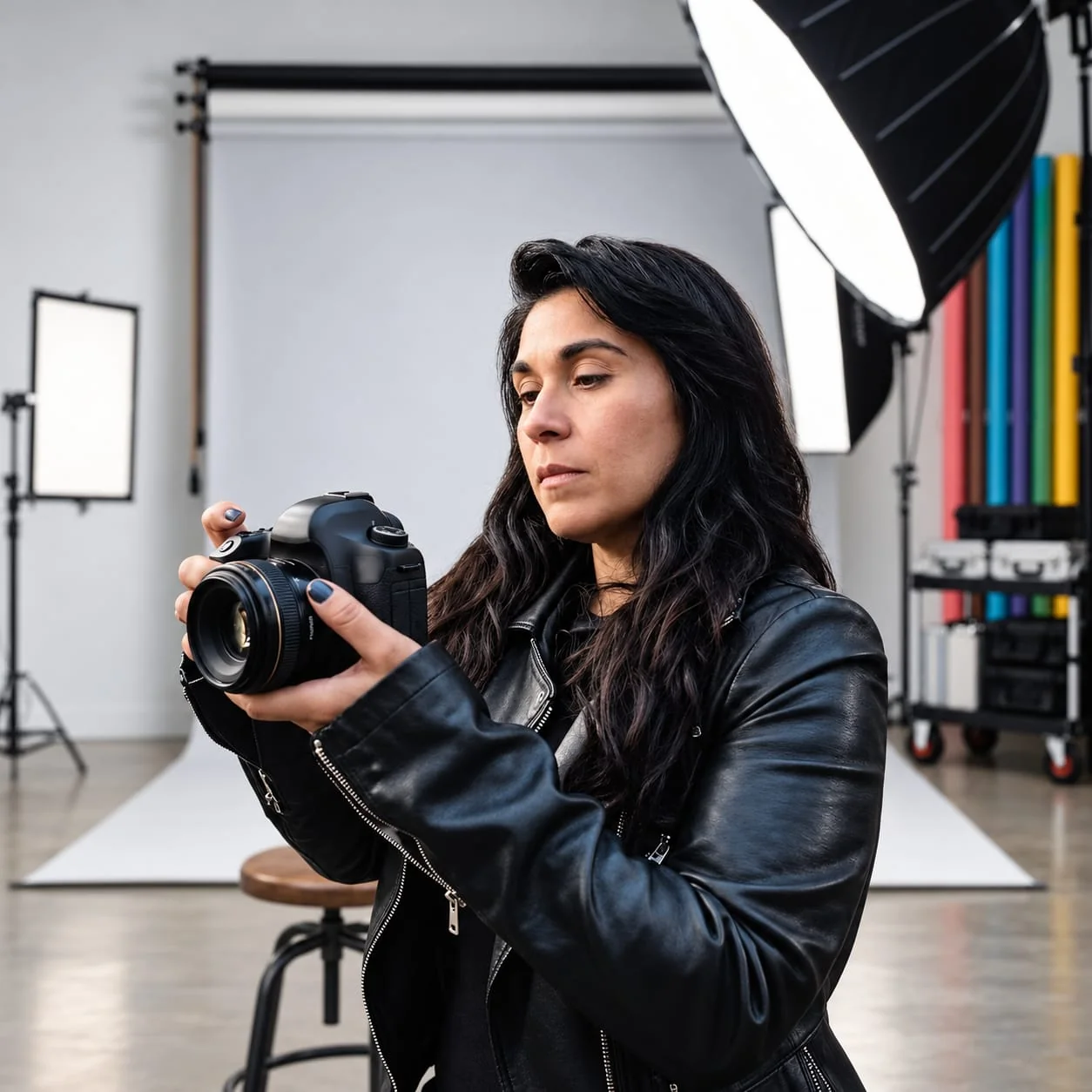 Macarena Rodriguez sosteniendo una cámara fotográfica en un estudio
